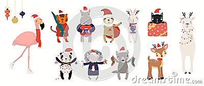 Cute Christmas animals set Vector Illustration