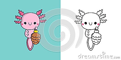Cute Christmas Axolotl Clipart Illustration and Black and White. Funny Clip Art Christmas Reptile. Vector Illustration