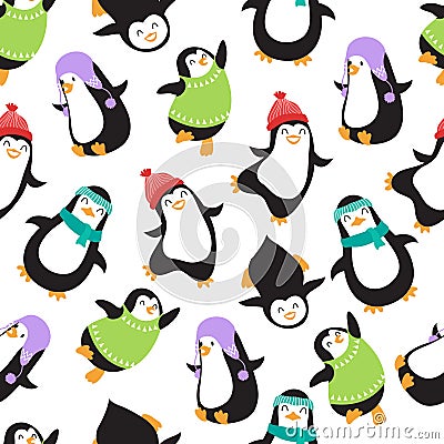 Cute christmas baby penguins vector seamless pattern Vector Illustration