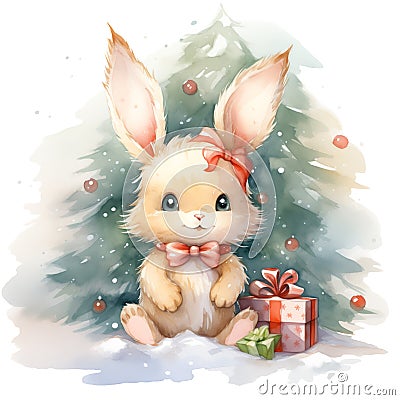 cute Christmas bunny sitting under the Christmas tree 1 Cartoon Illustration