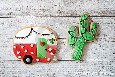 Cute Christmas camper and cactus decorated sugar cookies Stock Photo