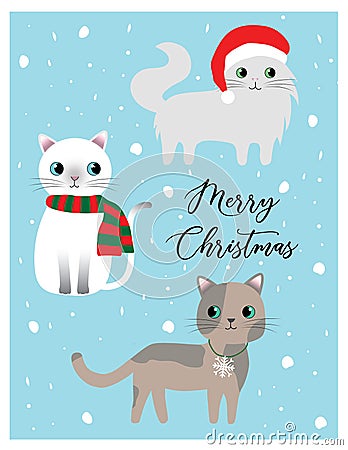 Cute cat christmas card vector image kawaii cat blue background and snow Stock Photo