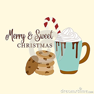 Cute Christmas card with hot chocolate and cookies Vector Illustration