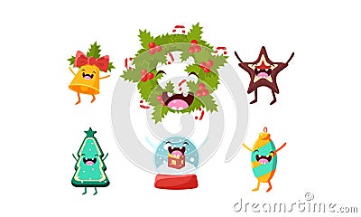 Cute Christmas cartoon characters set, funny decoration elements vector Illustration Vector Illustration