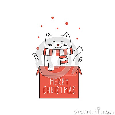 Cute Christmas cat in gift box. Vector Illustration