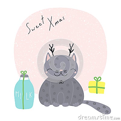 Cute Christmas cats greeting card Vector Illustration