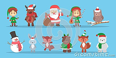 Cute christmas character celebrating a holiday set. Vector Illustration