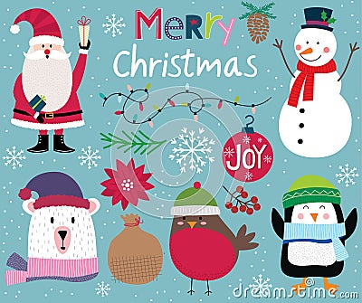 Cute Christmas character, Santa Clause, snowman, penguin, polar bear, robin and christmas ornament decoration Stock Photo