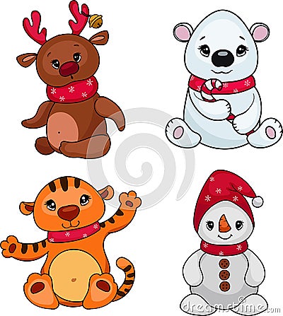 Cute Christmas characters - tiger cub, fawn, snowman, white bear. Vector illustration in cartoon style Vector Illustration