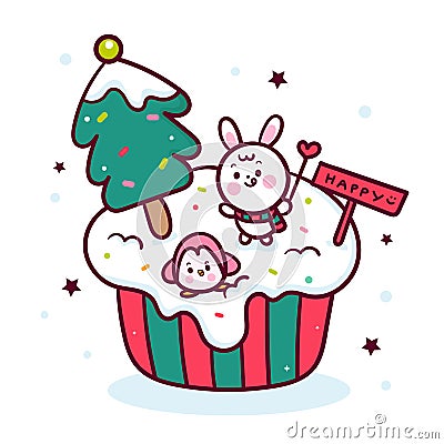 Cute Christmas cupcake vector, Muffin cartoon with rabbit bunny and penguin Kawaii winter animal: Fabulous food fairytale Vector Illustration