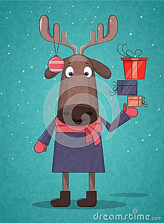 Cute Christmas deer holding presents for Christmas and New Year on blue background Vector Illustration
