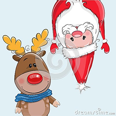 Cute Christmas deer and Santa Vector Illustration