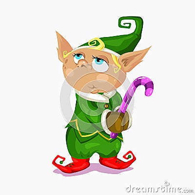 Cute Christmas elf in green sute and candy. Vector Illustration