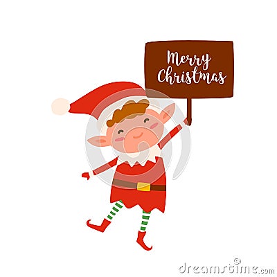 Cute christmas elf holding sign with Merry Christmas inscription. Happy childish xmas dwarf demonstrate holiday poster Vector Illustration