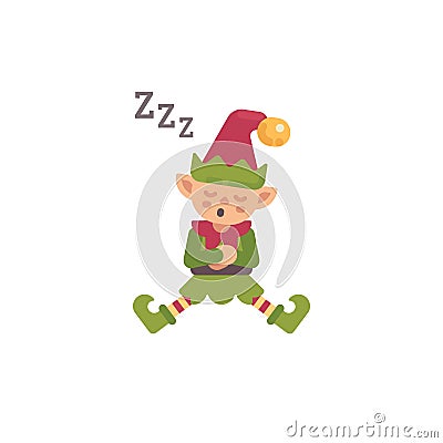 Cute Christmas elf sleeping after a hard day. Santa Claus elf Vector Illustration