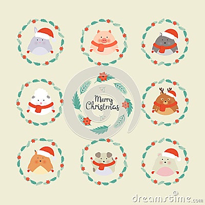 Cute christmas forest animals. Wildlife cartoon character set. Deer, rabbit, fox, bear, puppy, pig, wolf, sheep in Vector Illustration