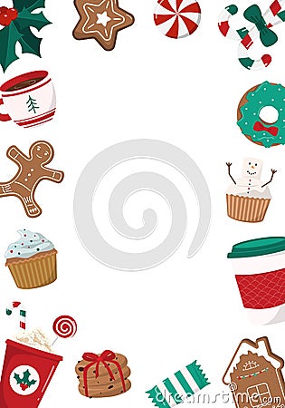 Cute Christmas frame with hot drinks, gingerbread cookies, cupcakes on white background Vector Illustration