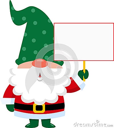 Cute Christmas Gnome Cartoon Character Holding Up A Blank Sign Vector Illustration