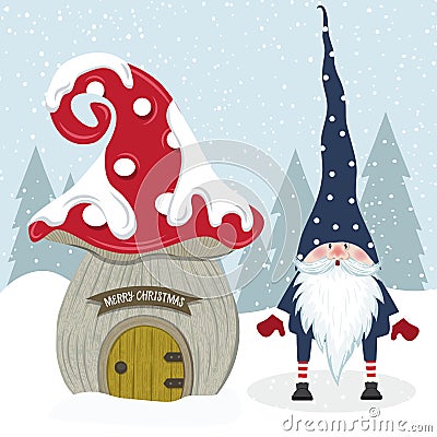 Cute Christmas gnome and her mushroom house. Flat design Vector Illustration