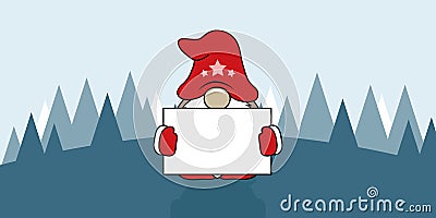 Cute christmas gnome with red clothes and blank card Vector Illustration