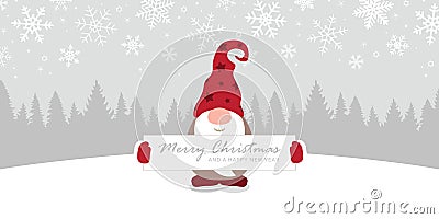 cute christmas gnome with red clothes and blank card Vector Illustration