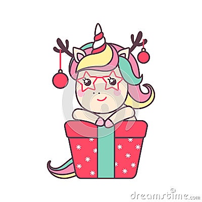 Cute Christmas kawaii character unicorn with gift and deer hors isolated on white background Vector Illustration