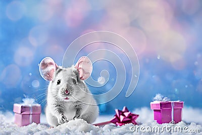Cute christmas mouse with gifts on snow Stock Photo