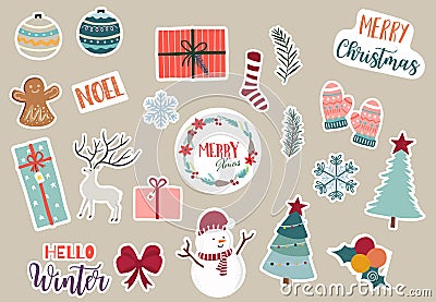 Cute Christmas object collection with santa claus,christmas tree,reindeer,gift, snowflake Vector Illustration