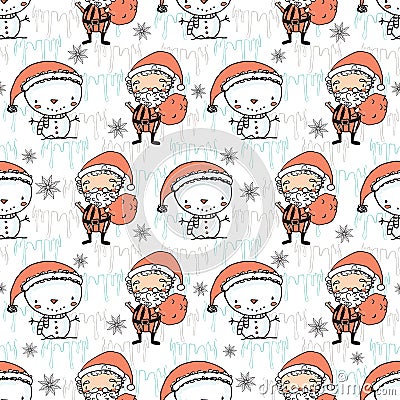 Cute Christmas pattern with Santa Claus, snowman and snowflake flowers on icy background. Fun vector Christmas background for kids Stock Photo