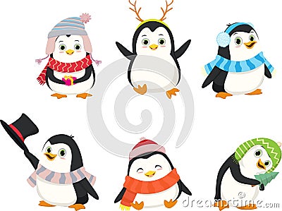 Cute Christmas penguin cartoon set. Vector Illustration