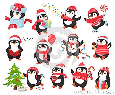 Cute Christmas penguin mascot. Happy penguins characters celebrate New Year, decorate xmas tree and give gifts. Winter Vector Illustration