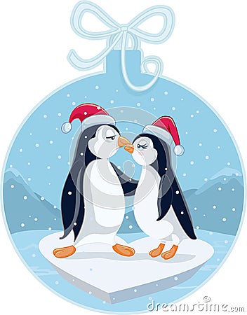 Cute Christmas Penguins Kissing Vector Cartoon Vector Illustration