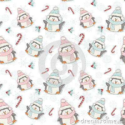 Cute Christmas penguins seamless pattern Vector Illustration