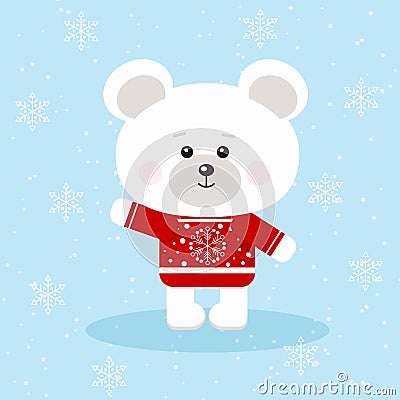 A cute christmas polar bear in red sweater with snowflake in snow background in cartoon flat style Vector Illustration