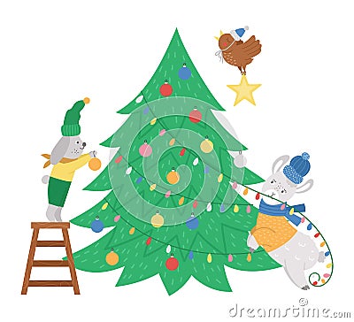 Cute Christmas preparation scene with rabbit, bird and llama decorating fir tree. Winter illustration with animals. Funny card Vector Illustration