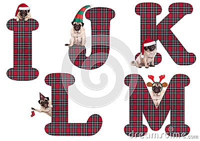 Cute Christmas pug puppy dog alphabet letters I J K L M Stock Photo