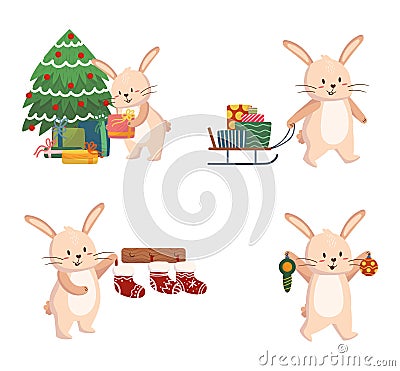 Cute Christmas Rabbits, Cartoon Bunny Symbol of 2023 New Year. Funny Xmas Animal Personages Holding Baubles Vector Illustration