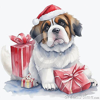Cute Christmas Saint Bernard dog wearing a Santa hat. Merry Christmas Stock Photo