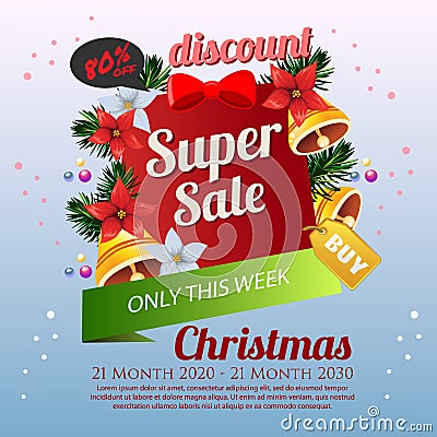 Cute christmas Sale Poster bell poinsettia decoration vector Vector Illustration