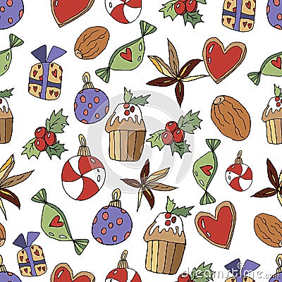 Cute Christmas seamless pattern in cartoon style. Heart, gifts, lollipop, toy, walnut, cupcake, spices and berries. Christmas Cartoon Illustration