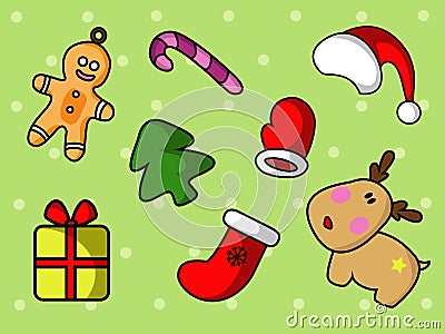 Cute christmas set with cartoon icons. Vector Illustration