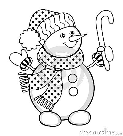 Cute Christmas Snowman Colouring Page. Vector Cute Snowman with Candy Stick Vector Illustration