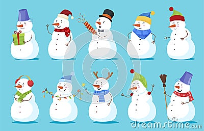 Cute Christmas snowman set vector flat illustration. Collection of childish winter character Vector Illustration