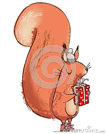 Cute christmas squirrel with present box Vector Illustration