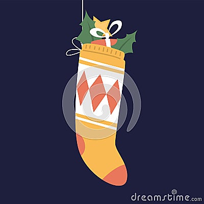 Cute christmas stocking full of small gifts Vector Illustration