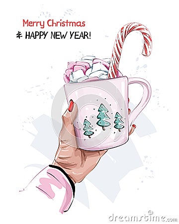 Cute christmas style cup with marshmallow and candy cane. Female hand holding cup. New Year style. Vector Illustration