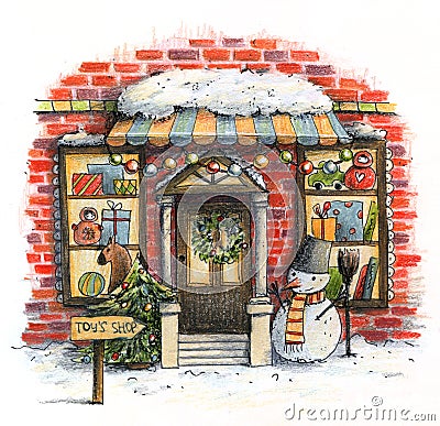 Cute christmas toys shop with snomen, tree and light. Cartoon Illustration