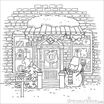 Cute christmas toys shop with snomen, tree and light. Vector Illustration