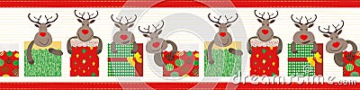 Cute Christmas vector border with red nosed reindeer and presents. Red stitch stripe edging. Seamless geometric pattern Vector Illustration