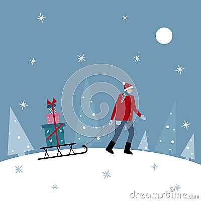 Cute Christmas vector illustration of a man with red hat and scarf is holding sleigh with stack of presents, carrying to home or Vector Illustration
